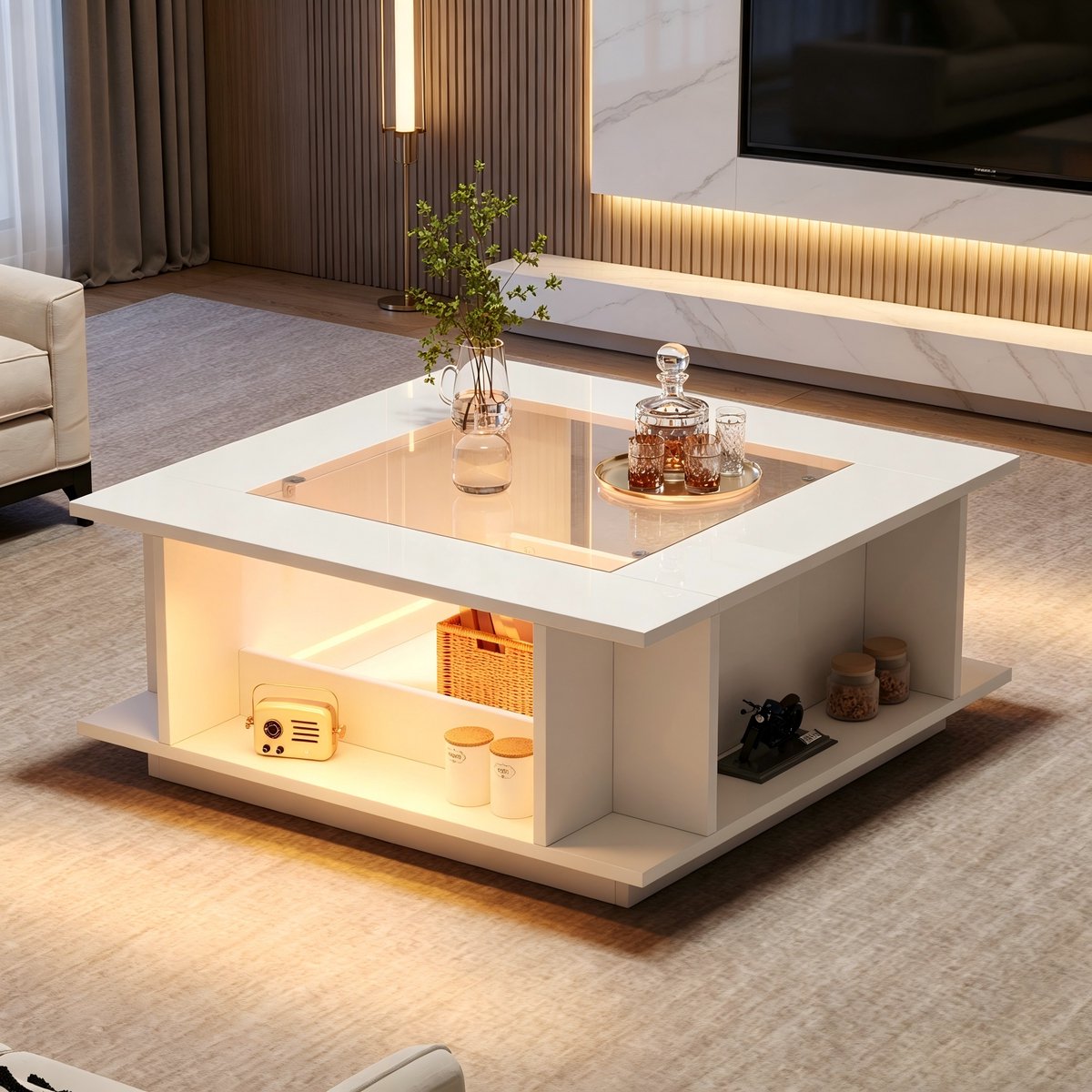 Salontafel 70x70x30 cm - Vierkante Tafel Met Glasplaat, LED Verlichting En Opbergruimte Wit