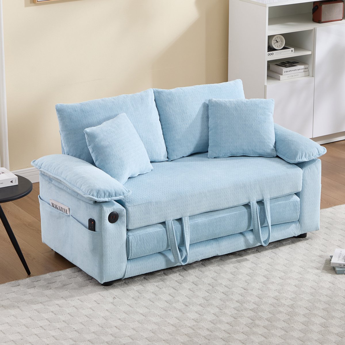 3-in-1 Futon Bank 135x66x80 cm - Opklapbare Slaapbank Met Zijvakken - Chenille Blauw