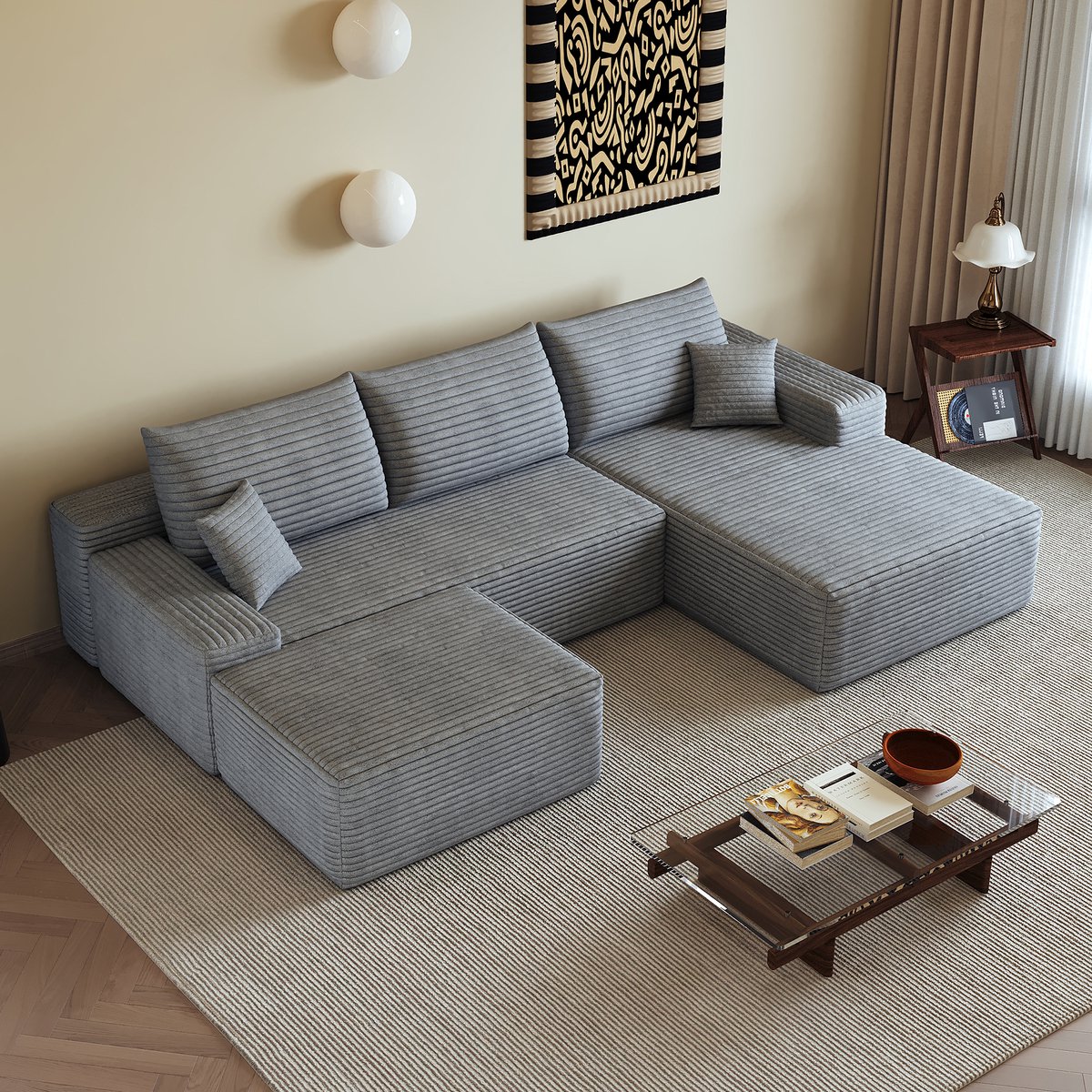 Modulaire Hoekbank 270 cm - L-vormige Sofa Met Chaiselongue En Diepe Zit - Corduroy Stof Grijs