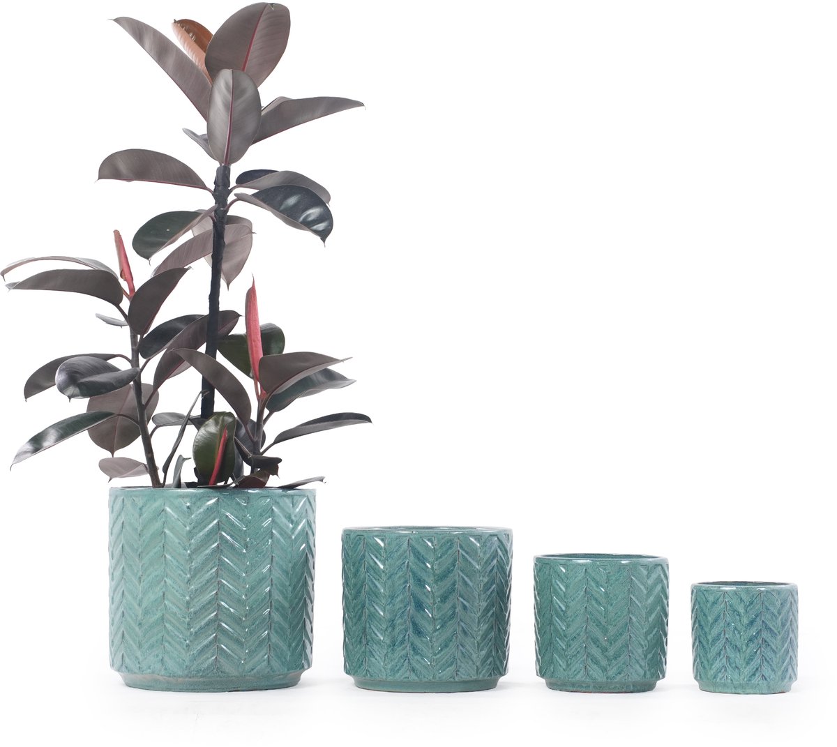 Keramische Bloempot 19x19x19 cm - Piantpot Met Viscgraaf Reliëf En Drainagegaatje Aqua Blue