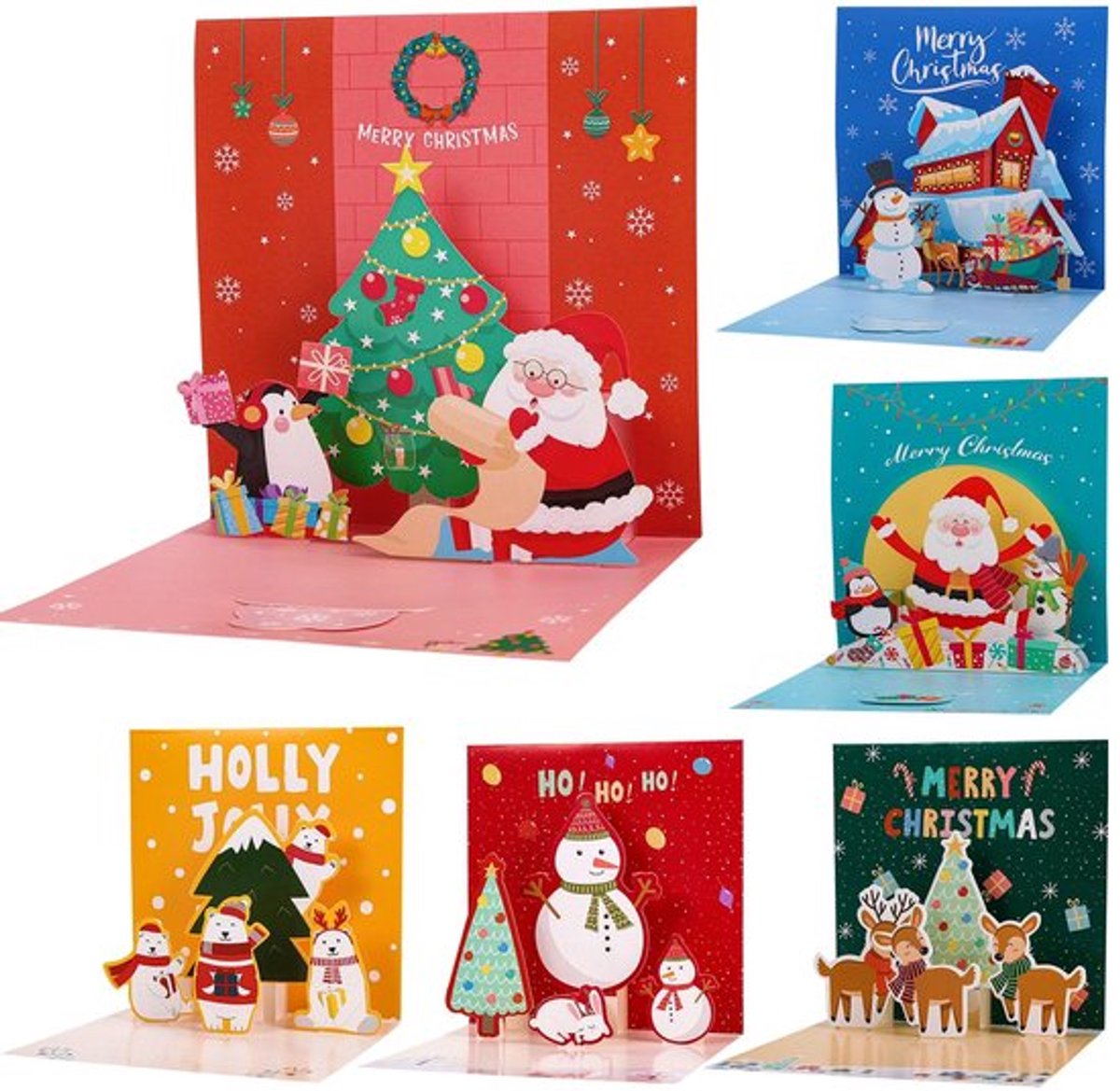 Kerstkaarten Set 6 Stuks - Pop-up Kerstkaarten - 3D Ontwerpen - Met Enveloppen - Vrolijk Kerstfeest - Aandenkaart voor Kinderen/Familie - Wenskaarten