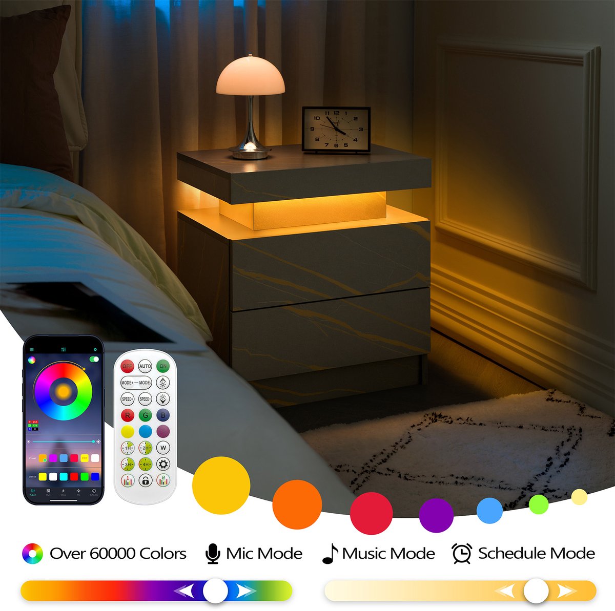 LED Nachtkastje 50x36 cm - Design Bedtafel Met 2 Laden En Verstelbaar LED Licht - Grey Gold
