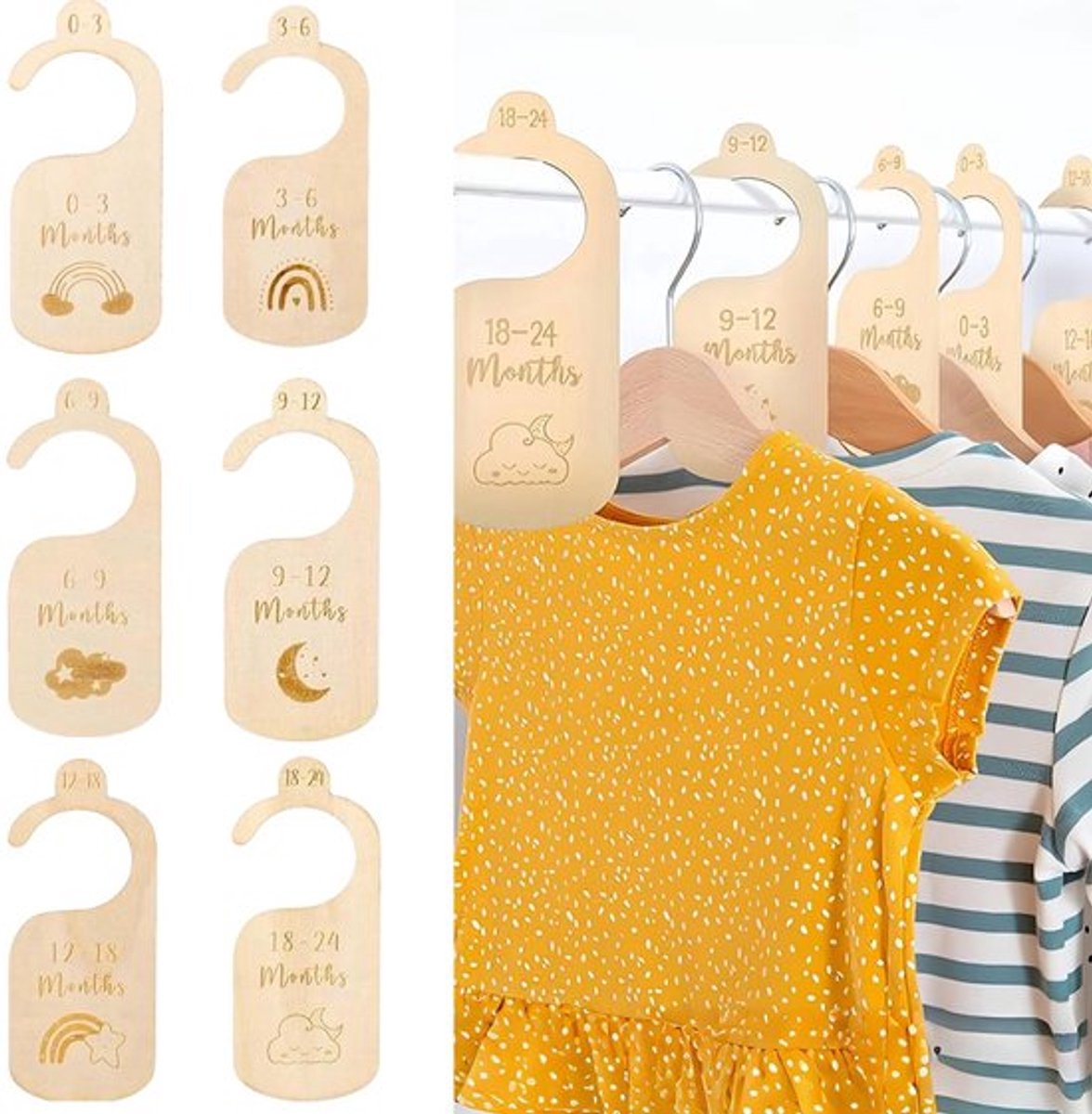 Kledingverdeler 7-delig - Houten Kledingorganizers - Baby Kleding Scheiders - Baby Kleding tot 24 Maanden - Decoratieve Kledingseparator - Eenvoudige Organisatie - Kledingorganizer