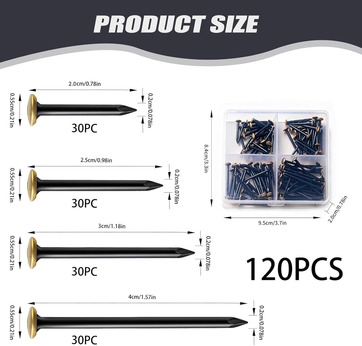 Stalen spijkers set 120 stuks - messing kop - assortiment 20/25/30/40 mm - perfect voor harde muren - ShopVlot