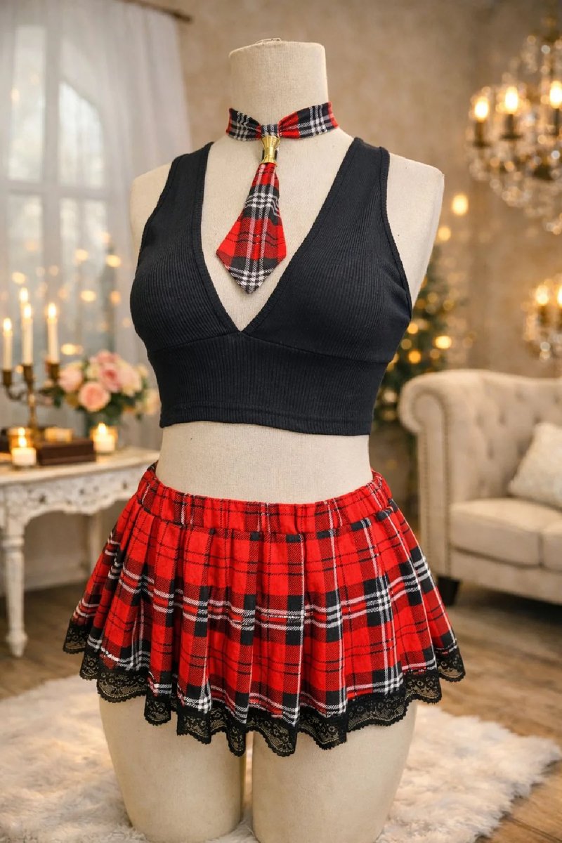 Zwarte Kanten Mini Rok, Slip en Blouse Set voor Dames - 3-delig Sexy Schoolmeisje kostuum in Maat S/M en L/XL
