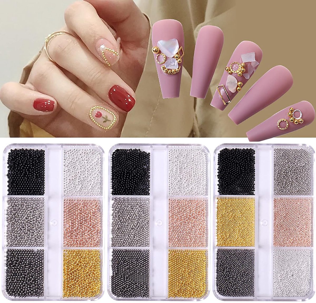 Nail Art Micro Caviar Beads - 3D Decoraties - 6 Kleuren en 3 Maten - Perfect voor DIY Nagels - ShopVlot