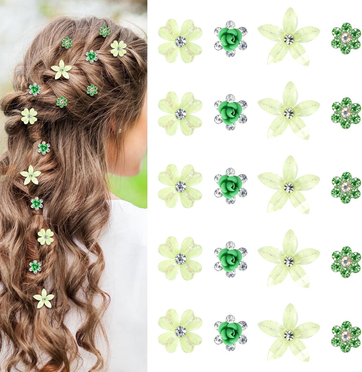 Bloemen Haarspelden - Mini Clips - Feestelijk Kapsel - Met Strass Steentjes - 20 Stuks - Groen