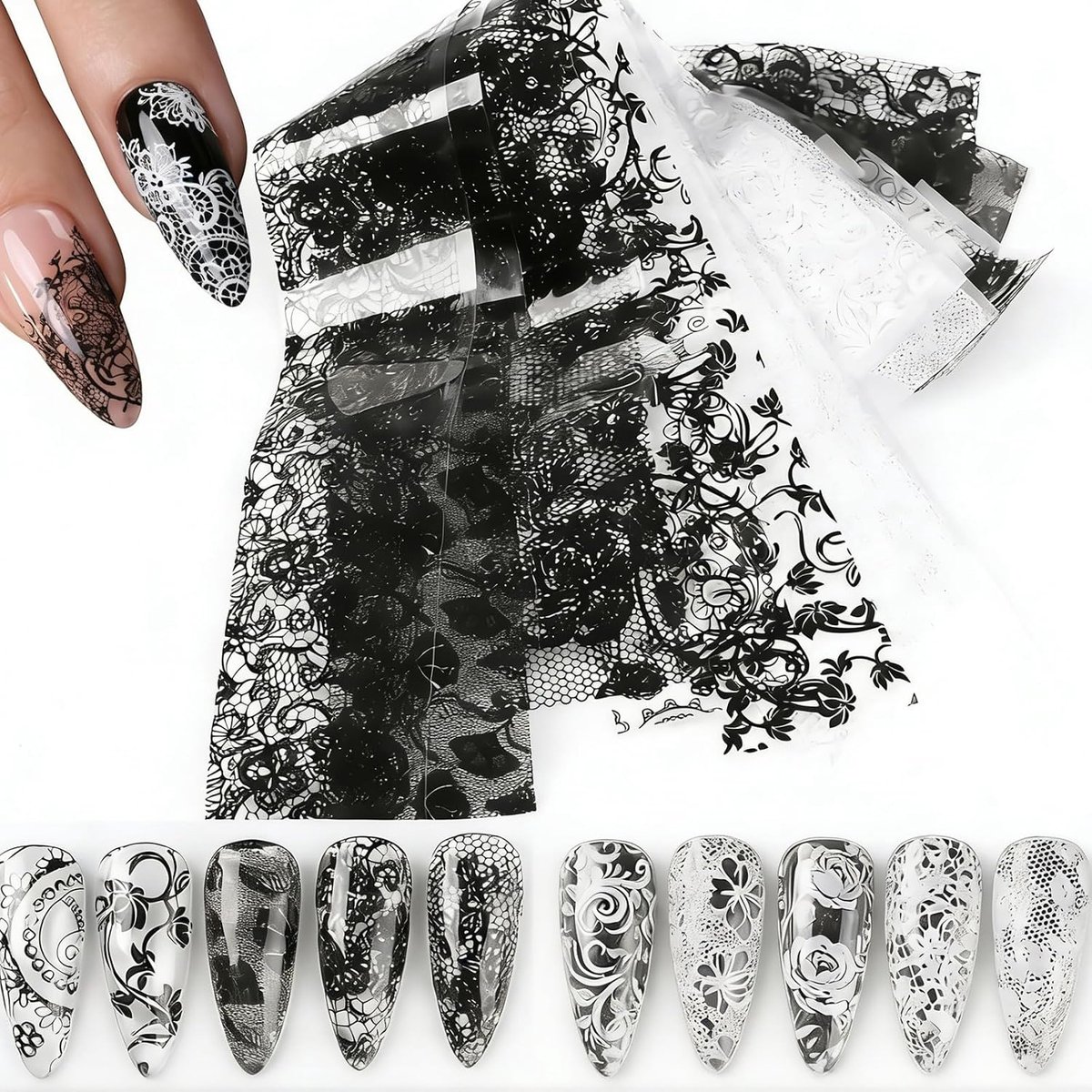 Nail Film Lace Design - 20 Bladen Holografische Transferfolie - Zwart en Wit - Elegant voor DIY Manicure - ShopVlot