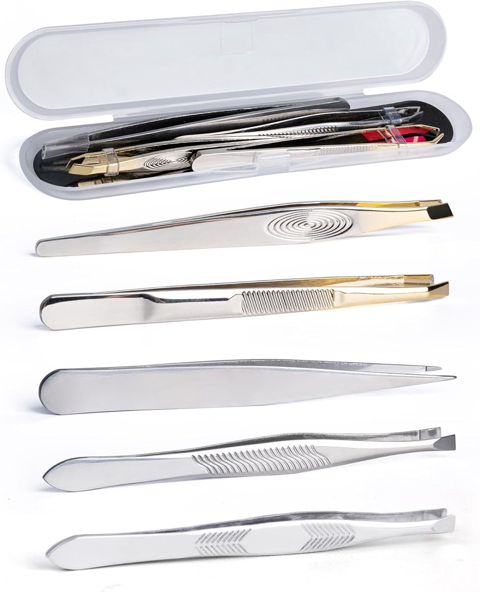 Tweezers set 5 stuks - RVS precisie - Schuin en puntig - Voor perfecte wenkbrauwen en wimpers - ShopVlot