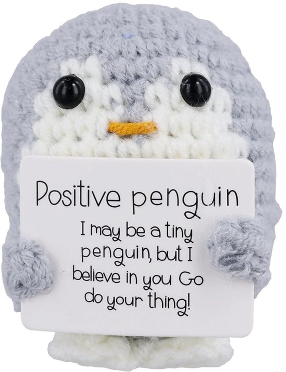 Grappige positieve pinguïn, 6,5 cm emotionele steun pinguïn speelgoed met positieve kaart Creatieve schattige cadeaus Gehaakte handgemaakte pop voor vrienden Aanmoedigingsdecoratie (grijs)
