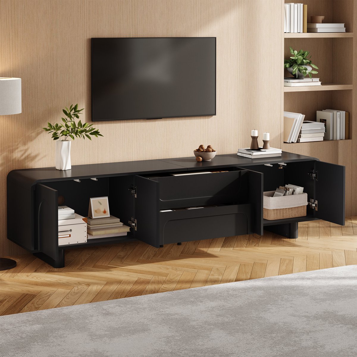 DESMIU TV Meubel - Modern Ontwerp Met Bogen En Opbergruimte - Voor Woonkamer En Slaapkamer - MDF En Spaanplaat - Zwart - 180x40x46 Cm