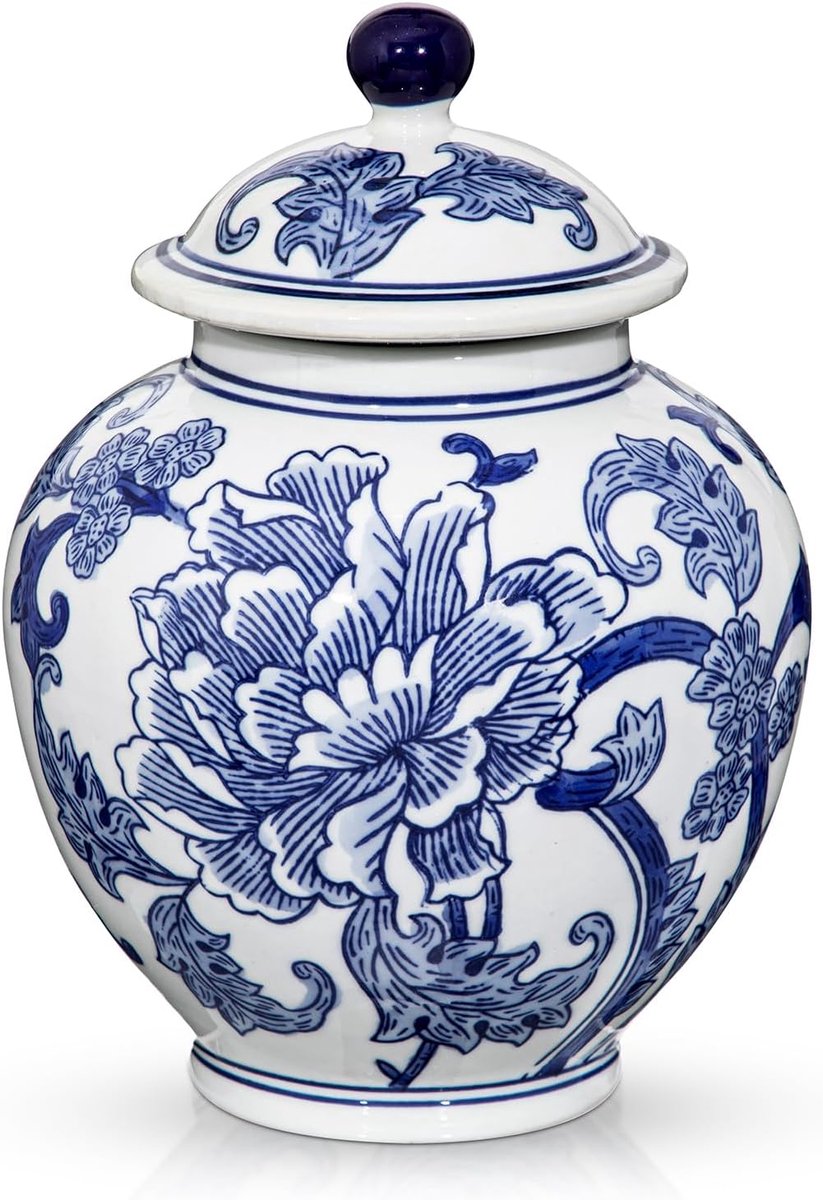 Vaas met deksel 22 cm - blauw en wit porselein - handgeschilderd met pioenrozen - ShopVlot