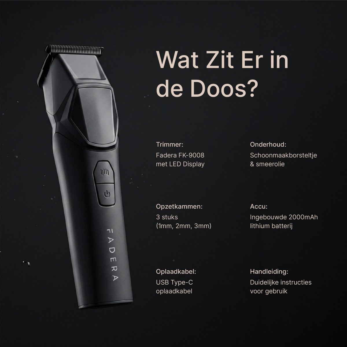 FADERA Professionele Baardtrimmer voor Mannen - 8000 RPM - DLC Messen - 240 Min Accuduur - USB-C - LED Display thumbnail 4