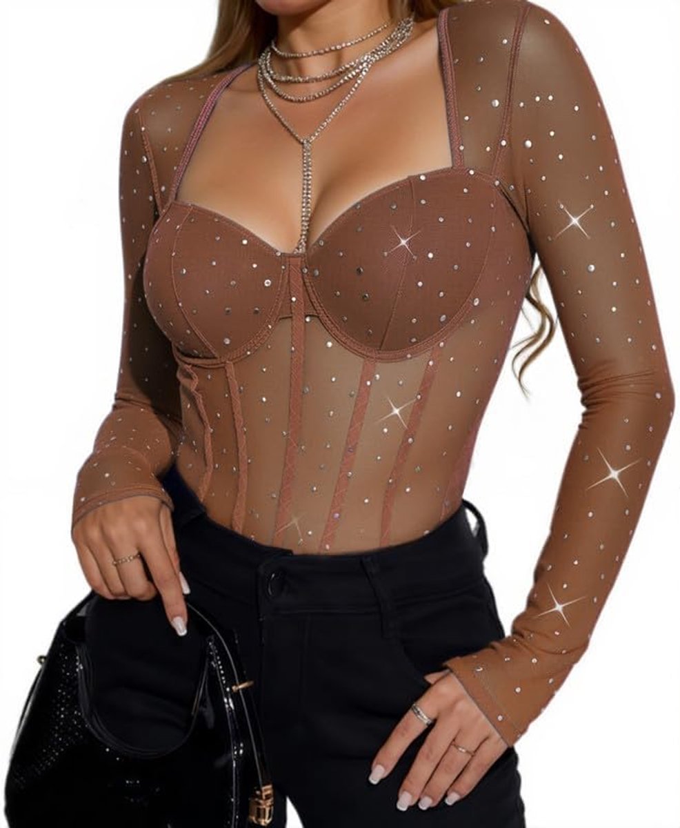 Bodysuit dames lang mouw - sexy glinsterend - transparant mesh met hart uitsnede - elegant voor een avondje uit - ShopVlot