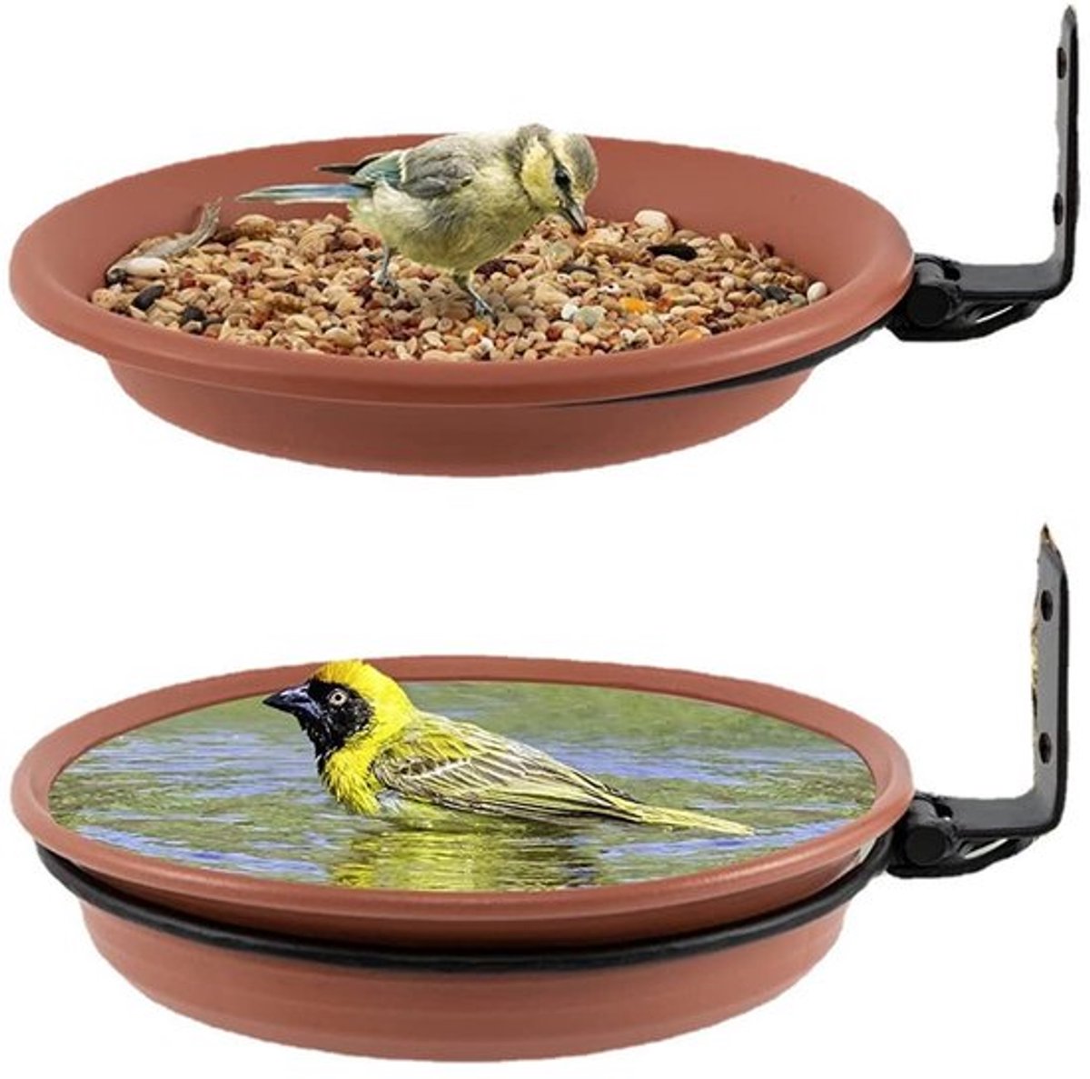 2 stuks vogelbad, voederbak voor buiten en vogelbad, balkonvogelbad, voerdispenser voor wilde vogels, vogelbad (bruin)