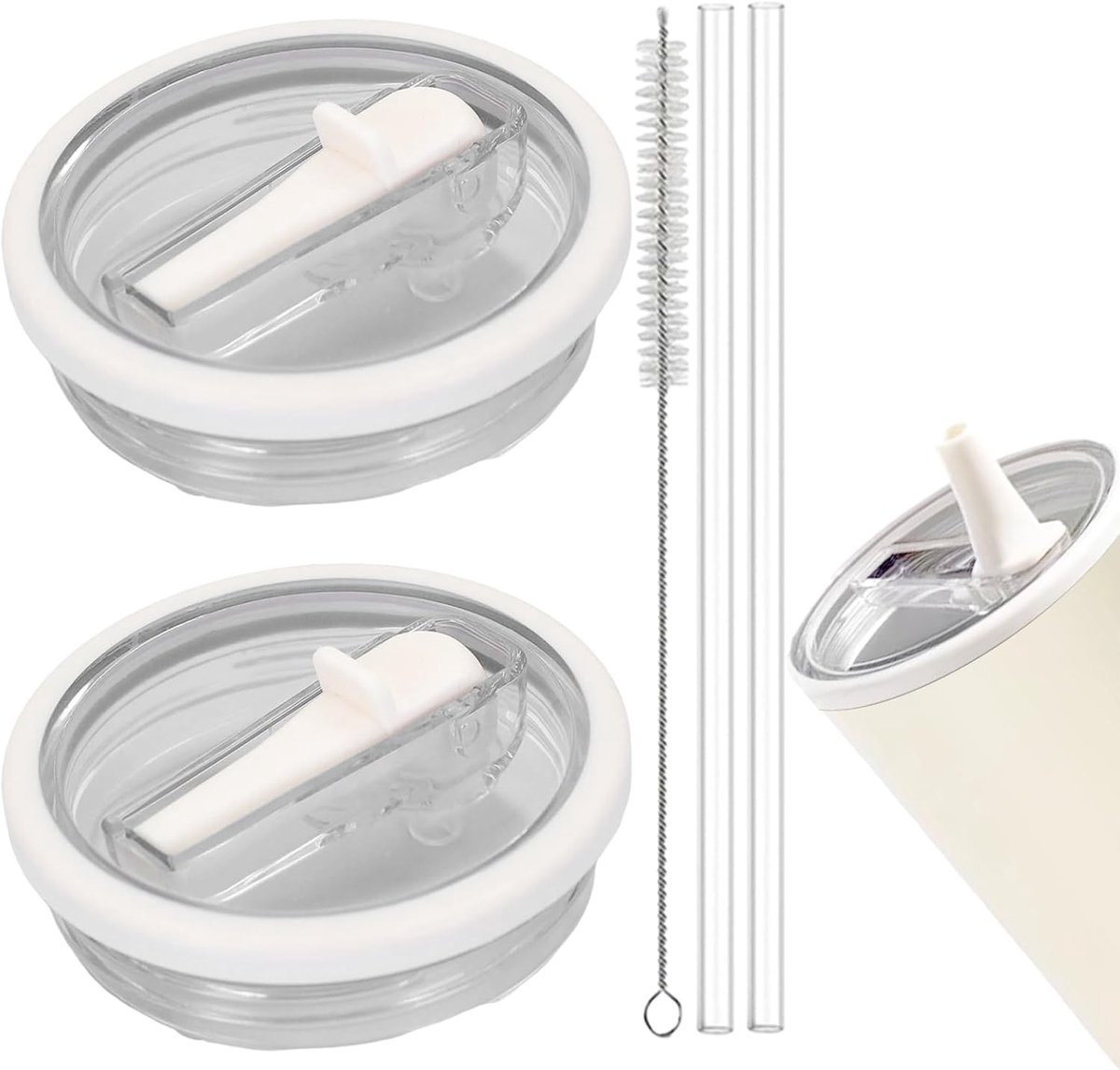Set van 2 Lekvrije Deksel met Rietje voor Drinkbekers, Inclusief 2 Plastic Rietjes en Borstel, Ideaal voor Dagelijks Gebruik en Outdoor Activiteiten