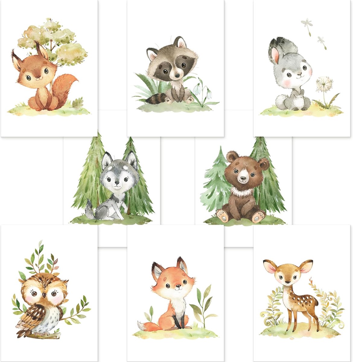 Poster collage schattige bosdieren - 8 x DIN A5 - vrolijke illustraties - perfect voor baby- en kinderkamer - ShopVlot