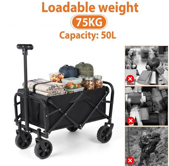 Wolcky Opvouwbare Campingwagen - 50L Bolderkar - 75 kg Draagvermogen - Strandkar - Transportwagen met Verstelbare Handgreep — afbeelding 2