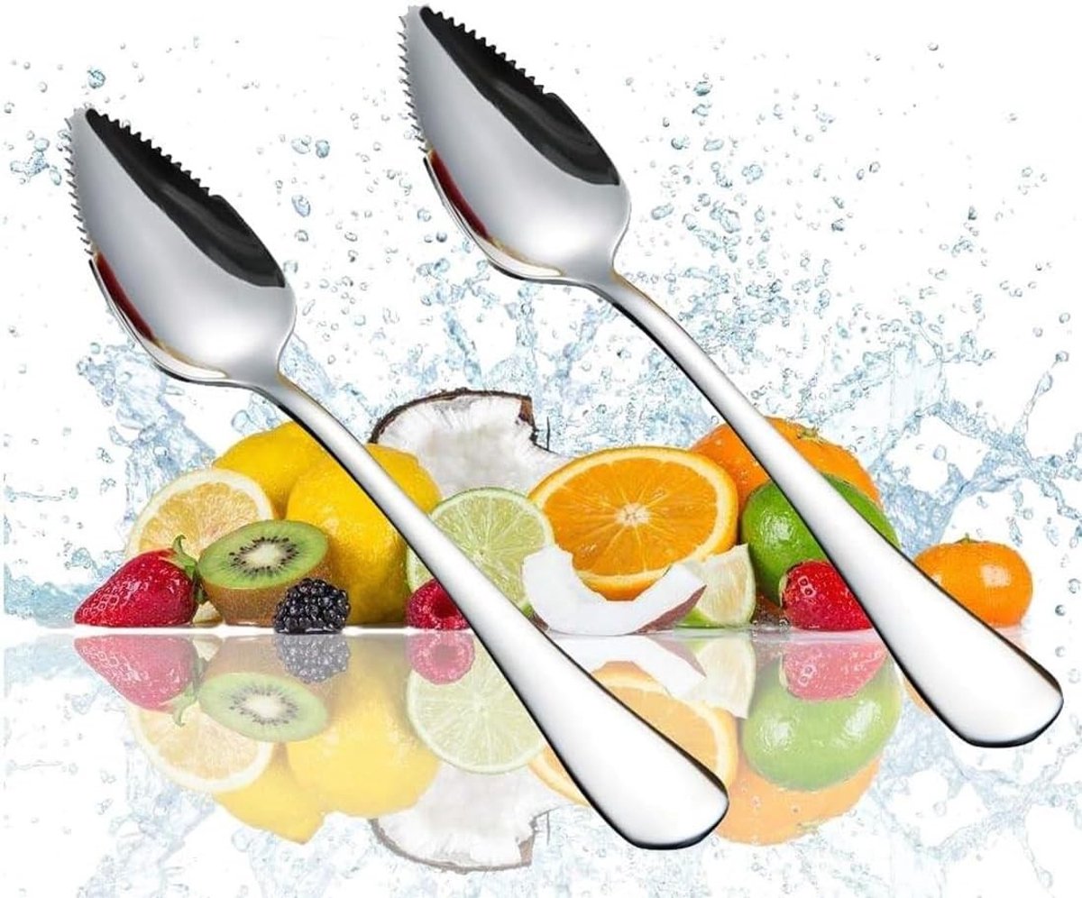 Set van 2 lange roestvrijstalen grapefruitslepels met gekartelde rand voor fruit en desserts, ideaal voor kiwi, sinaasappel en papaja