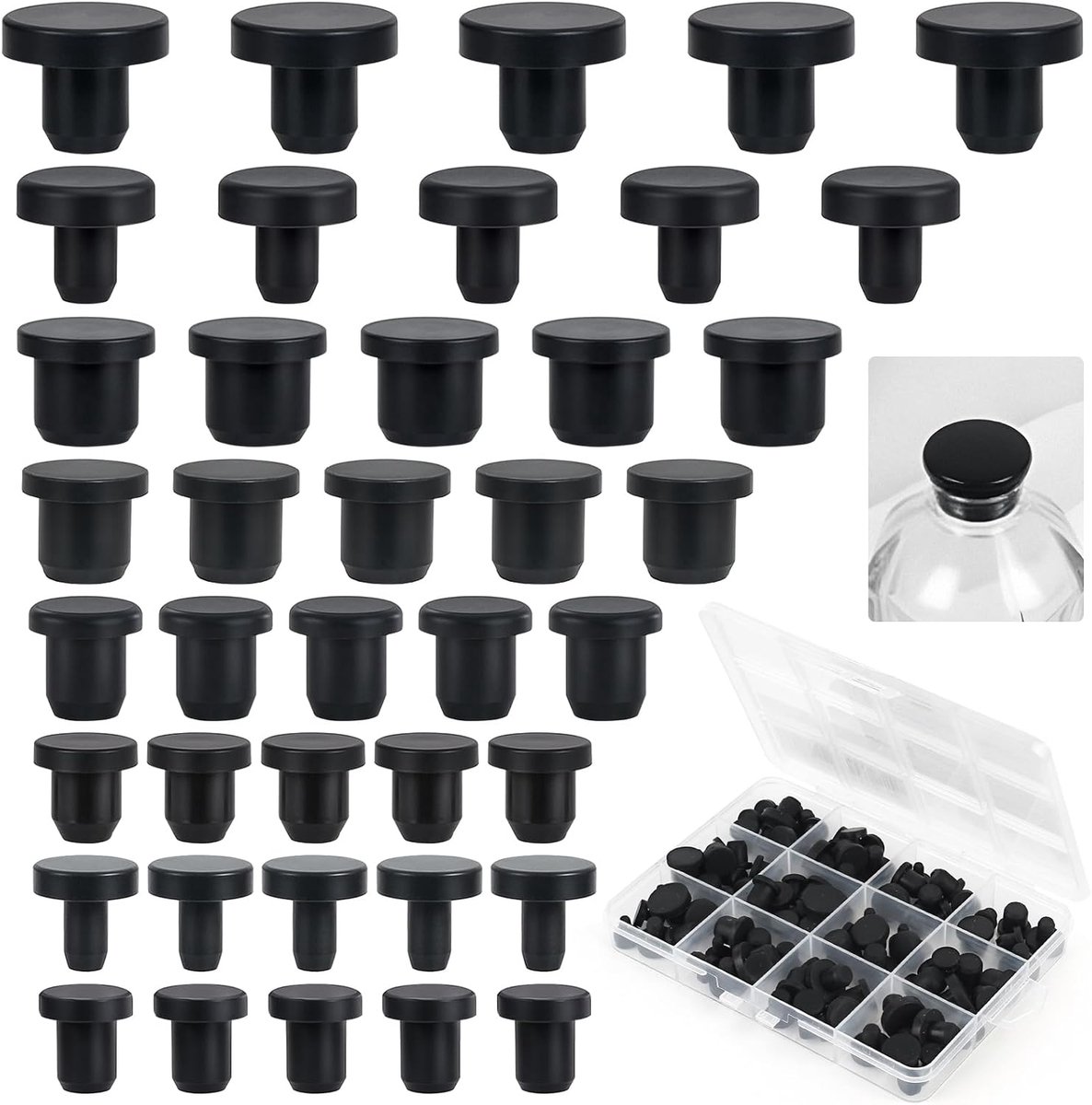 100 Pieces Rubber Stoppers, Silicone Stopper Black Round, Solid Rubber Stopper Reusable, 8 Sizes, Cover Caps Rubber - ShopVlot