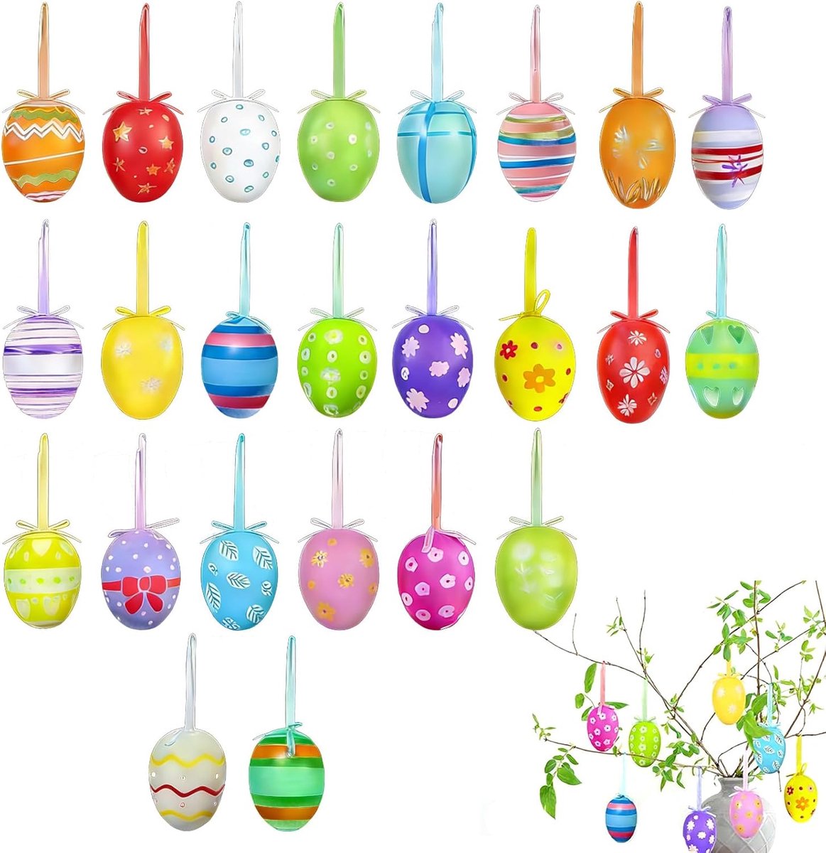Decorative Easter Eggs 24 Pieces, PVC Folded Eggs with Ribbon, for Indoor and Outdoor, Easter Decoration for Garden - ShopVlot