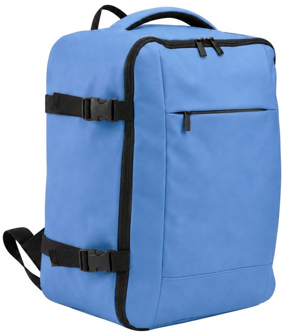 Blauwe rugtas met zwarte accenten, gespen en ritsen. Twee draaghengsels aan de bovenkant.