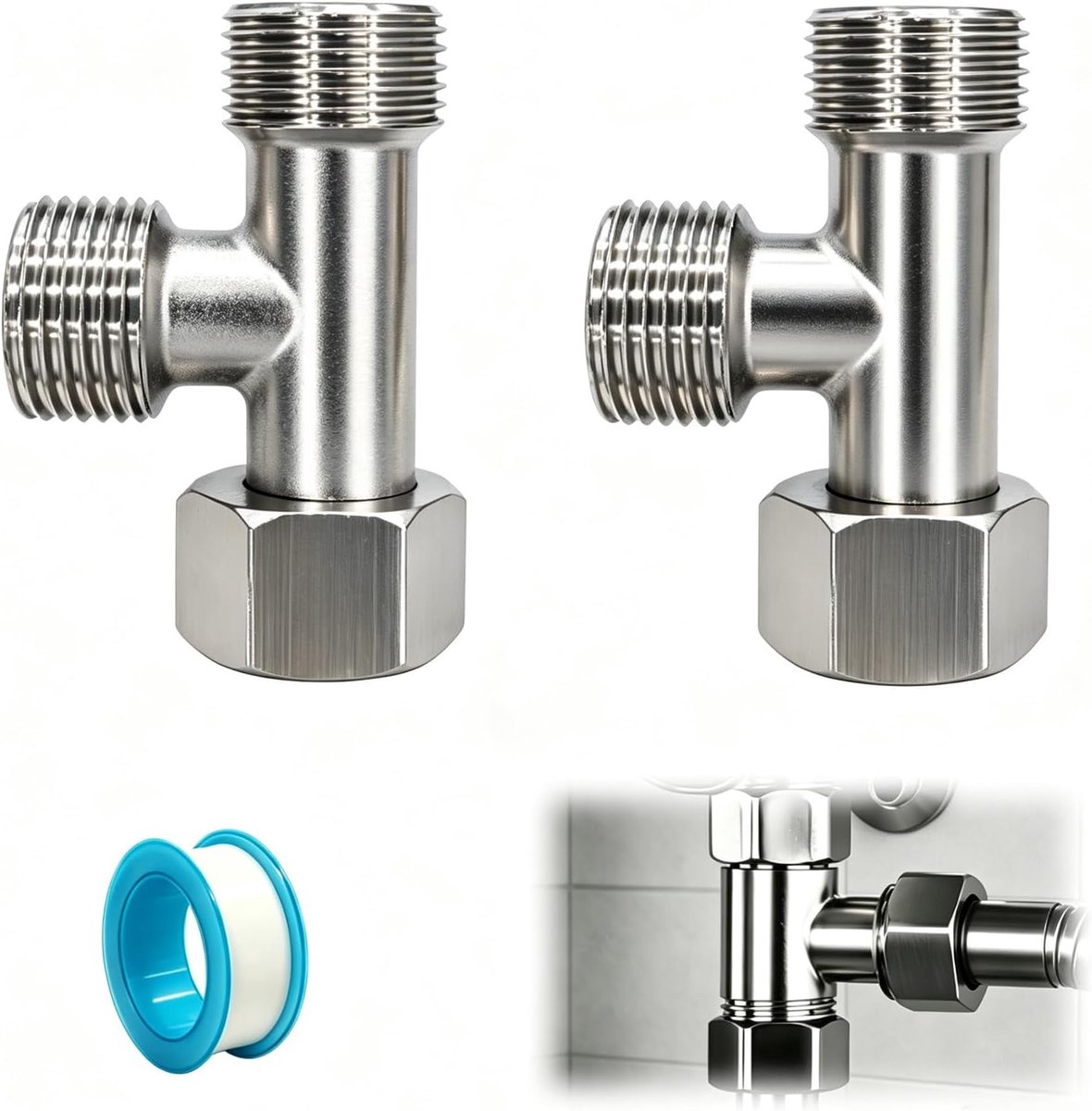 2 stuks 3-weg T-aansluitventiel, 3/8 inch, verdeler hoekventiel met afdichtingen en afdichtingsband, voor toilet - ShopVlot