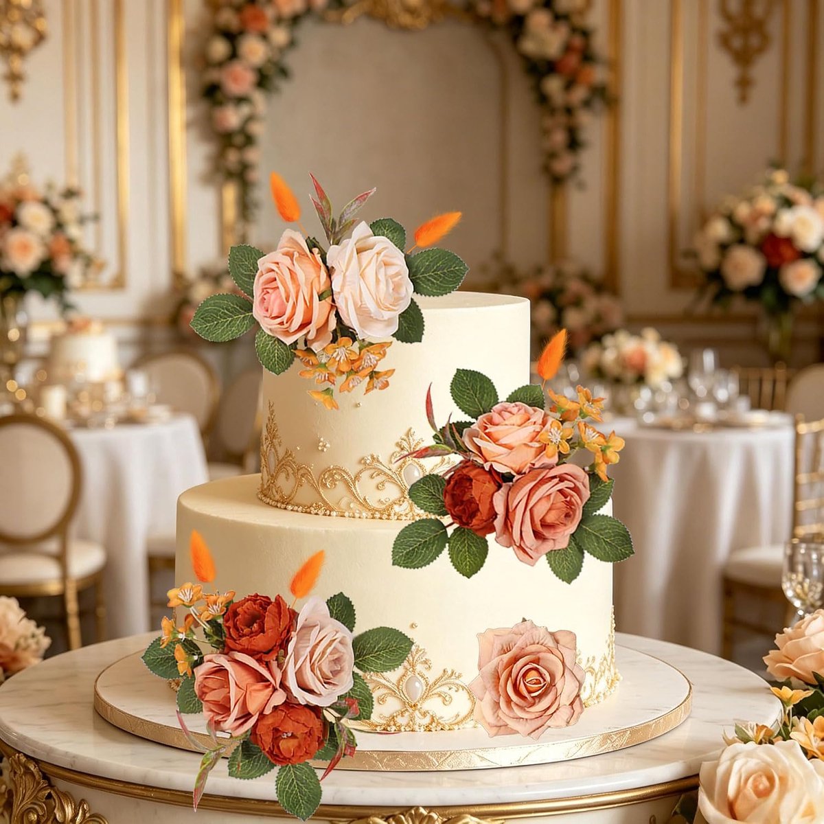 oranje trouwbloemen als taartfiguren rozenbloesems voor taaartdecoratie - ShopVlot