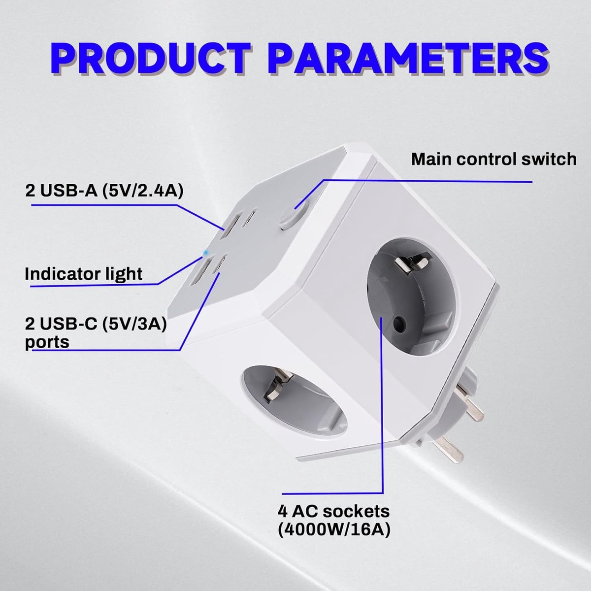 8-in-1 Plug Cube without Cable, Multiple Plug with Switch, 4 Socket Plug Cube, 4000 W/16 A, 2 USB-A, 2 USB-C Plug - ShopVlot