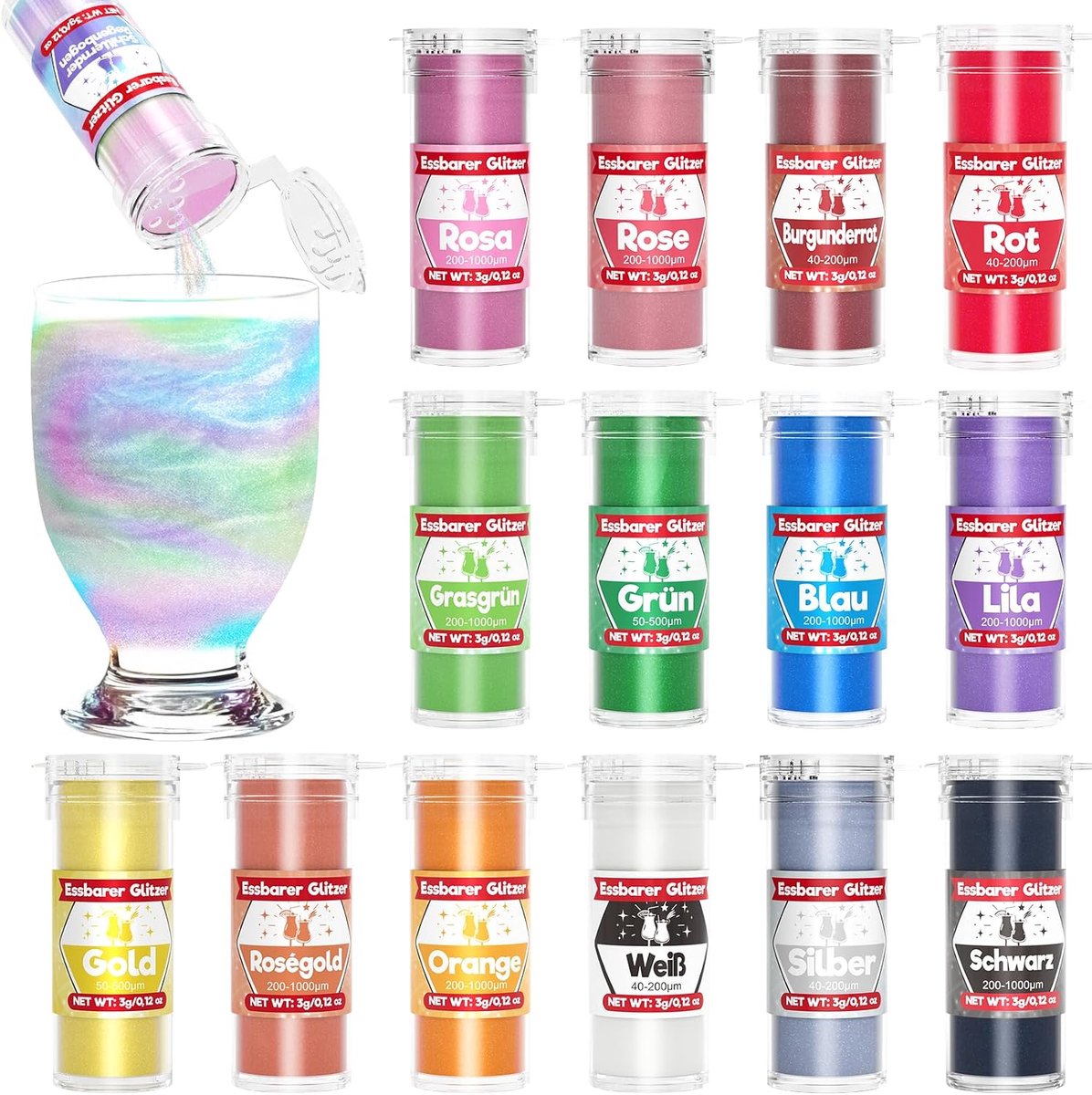 Edible Glitter for Drinks & Cakes - 15 Colours Food Colour Powder (3g/Colour) - Edible Glitter Without Taste Change - ShopVlot