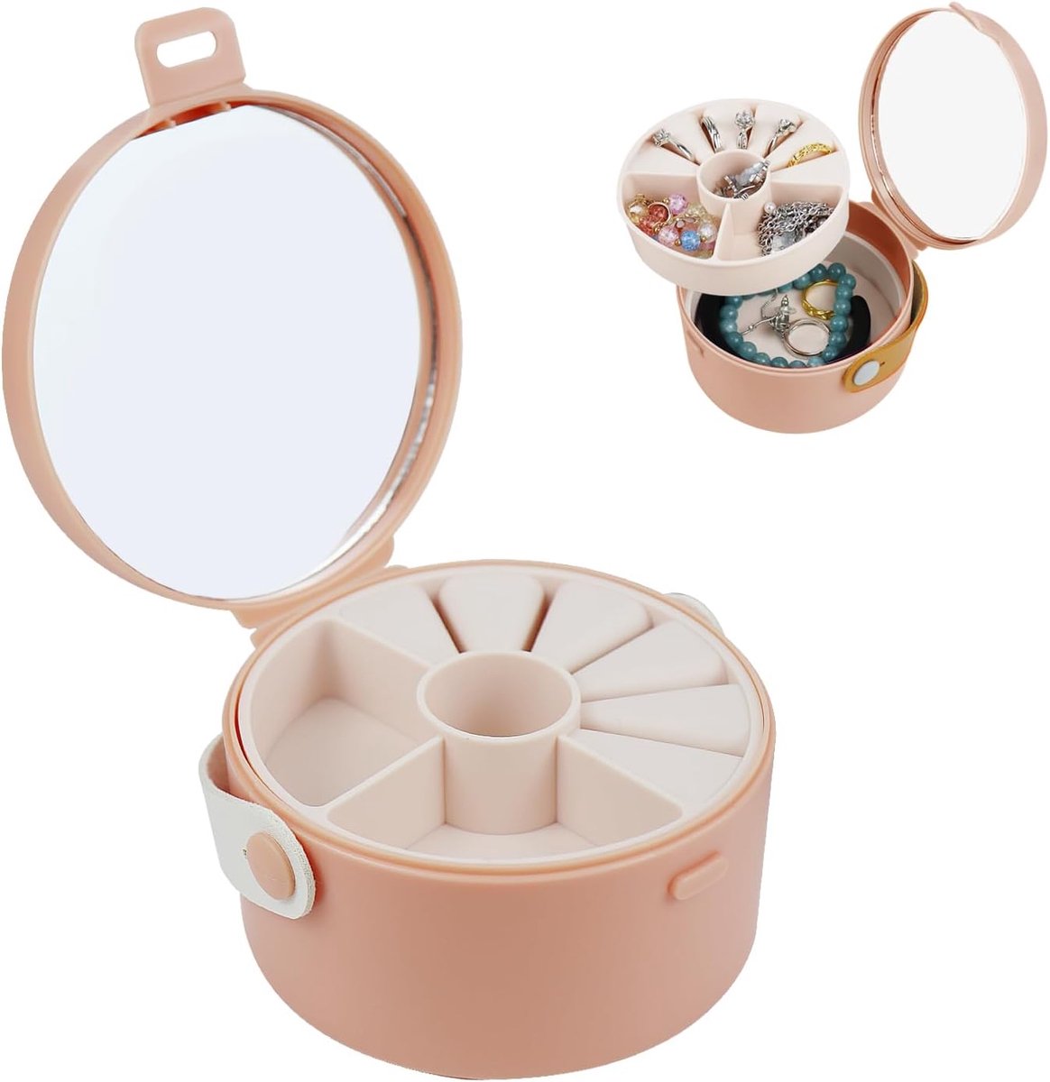 Travel Jewellery Box Simple Round Small with Mirror, Portable Detachable Jewellery Organiser for Rings, Earrings - ShopVlot