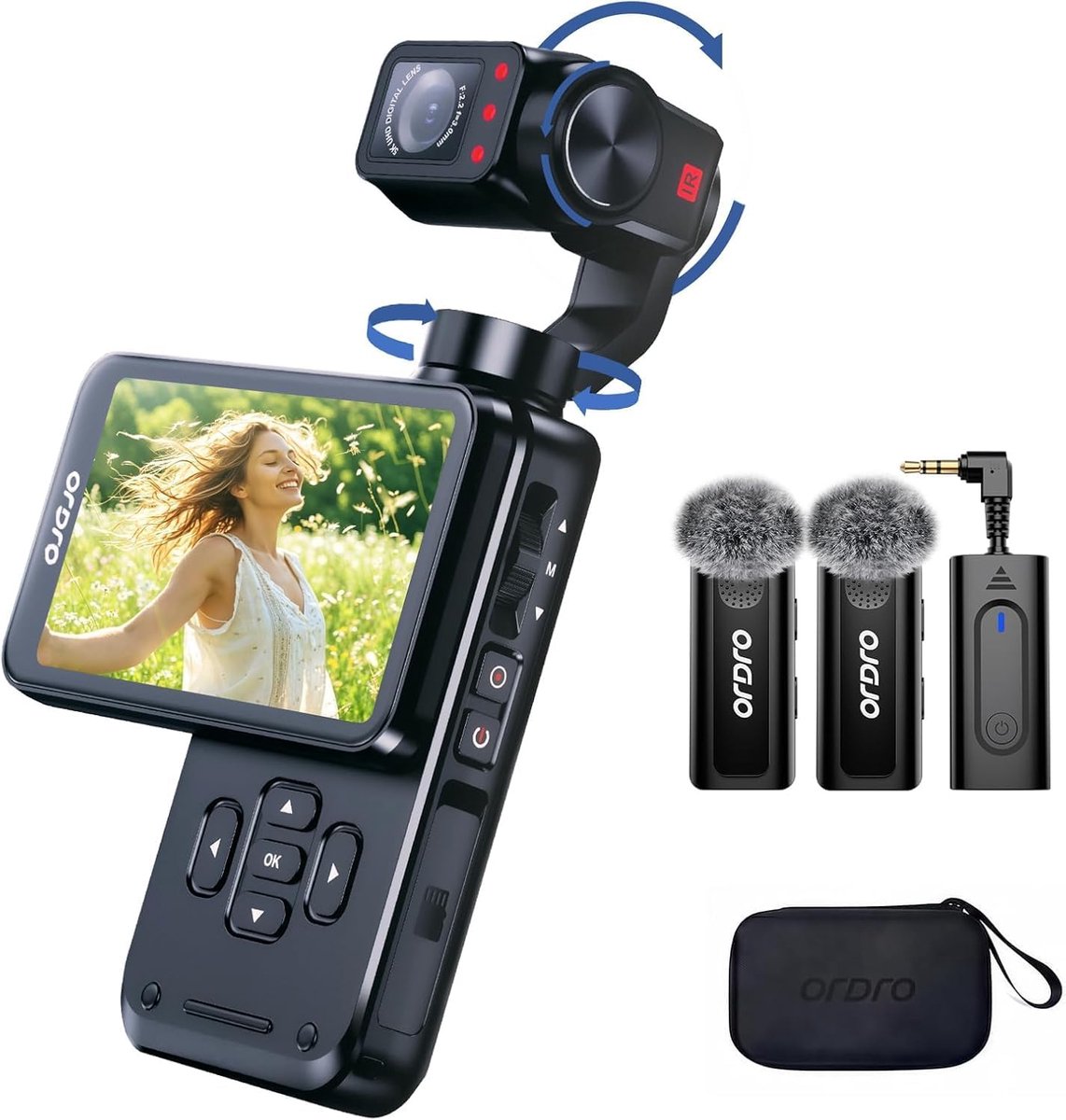 ORDRO Pocket Camera 4K 60FPS videocamera, camcorder, 3-assige stabilisatie, Face Tracking, 3,5 inch touchscreen, 180 ° - ShopVlot