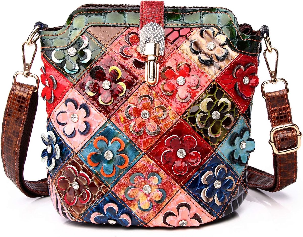 Multi-coloured Floral Cowhide Leather Shoulder Bag for Women, Vintage Cowhide Leather Handbag Floral Pattern 3D - ShopVlot
