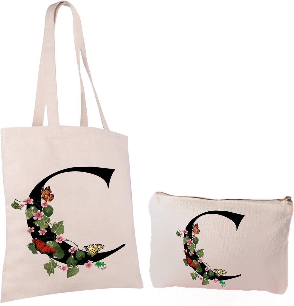 Shopping Bag and Toiletry Bag Set Cotton Letter Print Floral Pattern and Butterflies Colour Neutral - ShopVlot