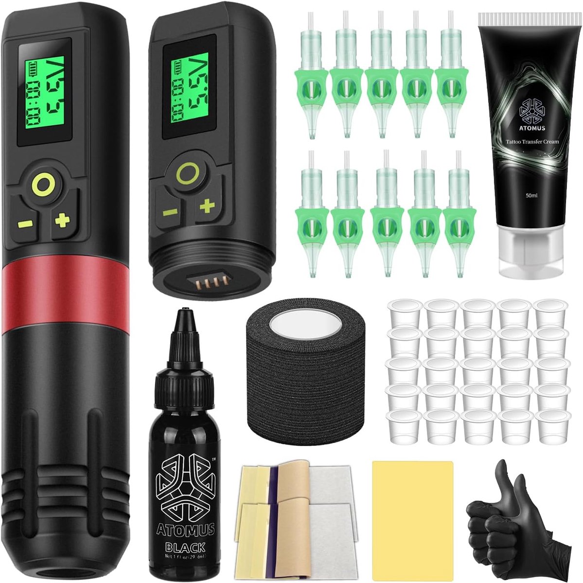 ATOMUS Red Wireless Tattoo Machine Kit Wireless Tattoo Pen 2pcs 1300mah Wireless Power Supply Rotary Tattoo Battery - ShopVlot