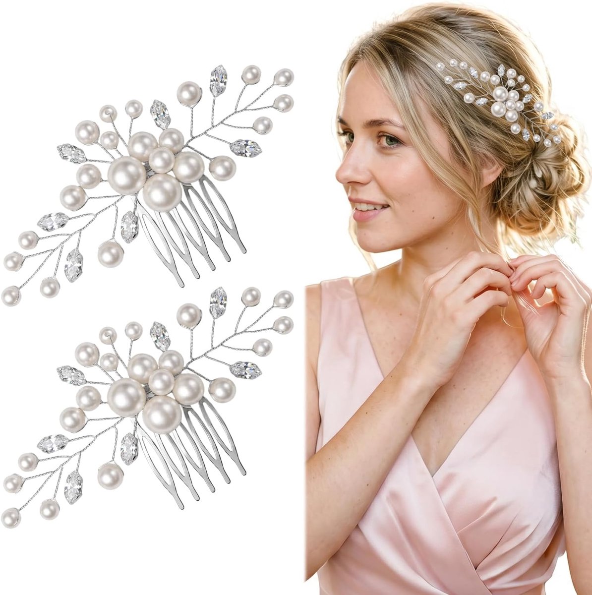 Haaraccessoires bruidsmeisje 2 stuks - Glanzende parel en kristal - Zilver met kamdesign - Comfortabel en stijlvol - ShopVlot