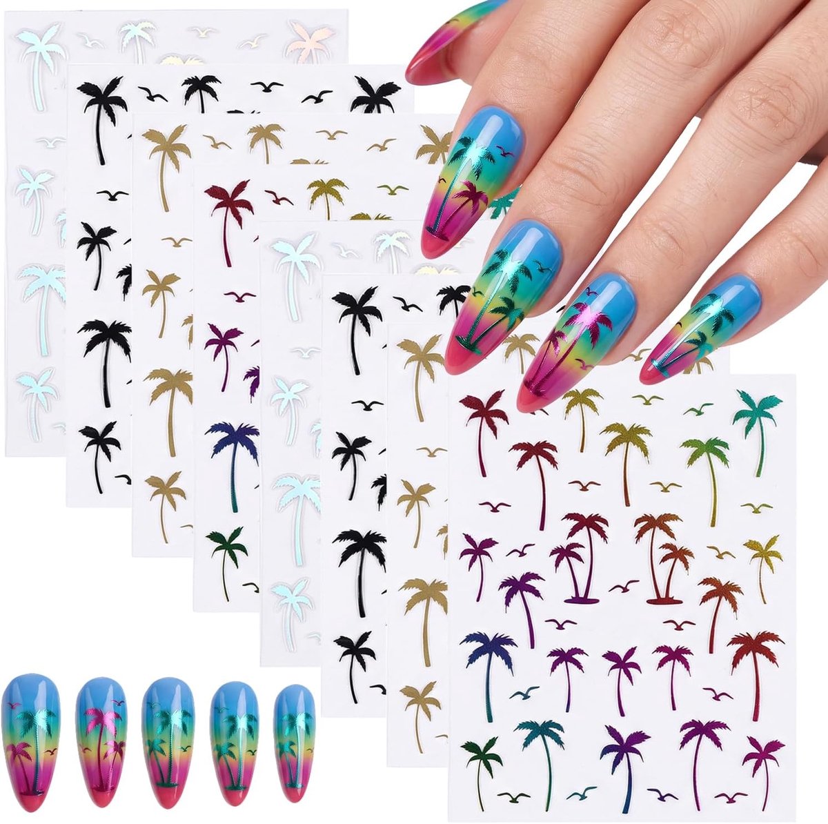 Nagelstickers tropische kokospalm - 8 vellen - 4 kleuren strandzomer - perfect voor zwembadfeesten - ShopVlot