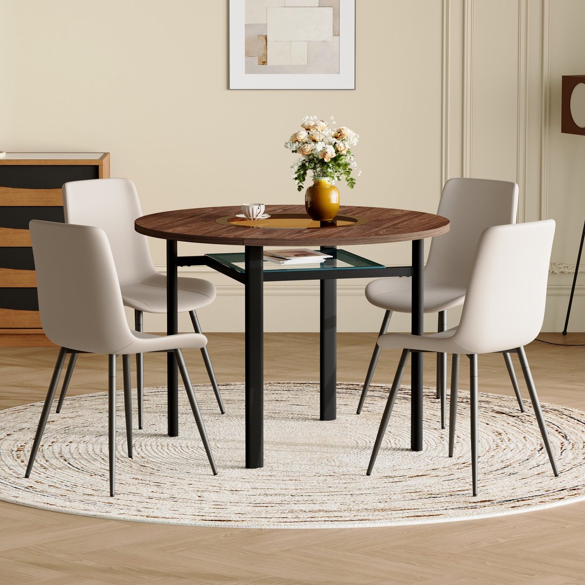 COVREO Ronde eettafelset 100 cm, bruin zwart en warmgrijs, MDF met opbergplank