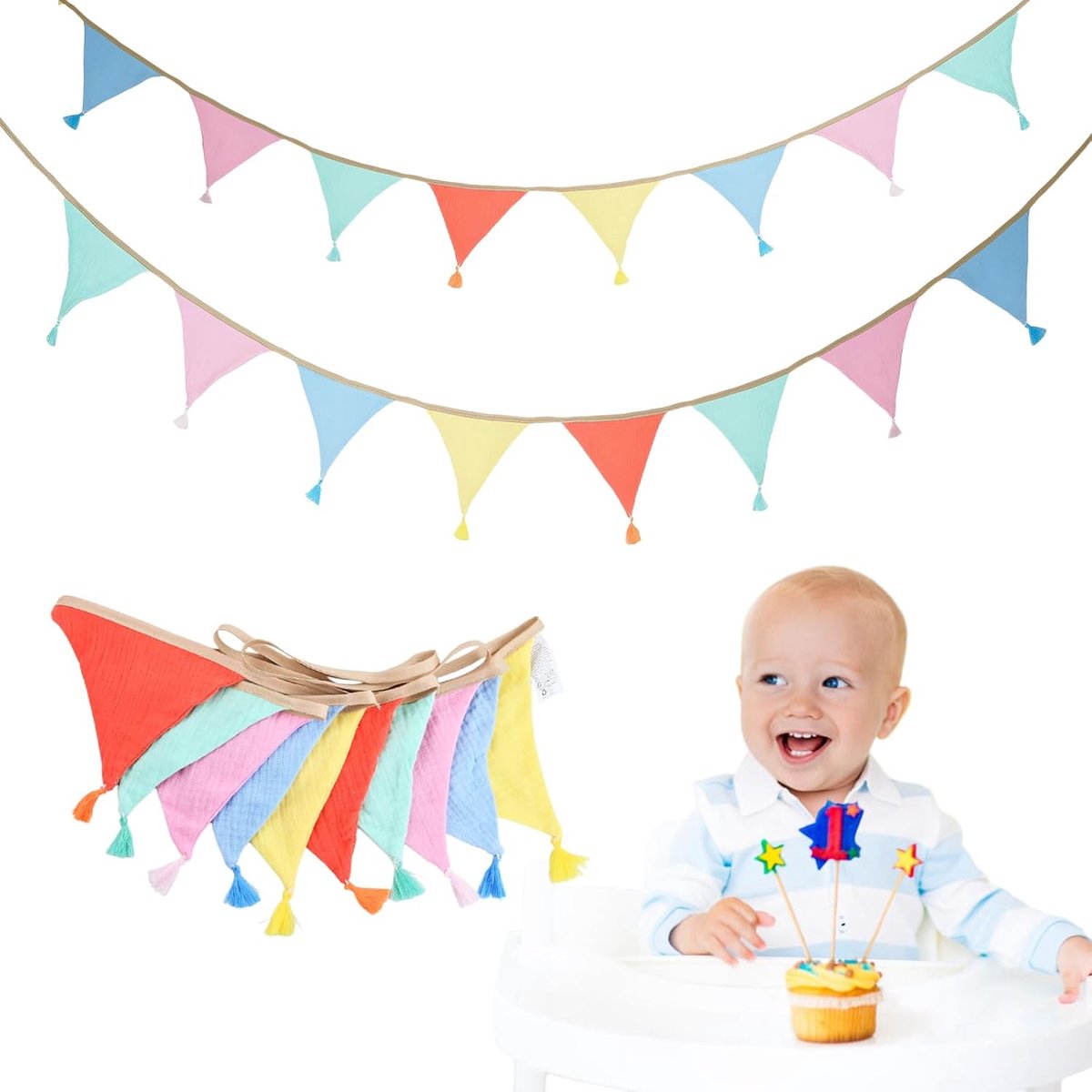 Verjaardagsgarland kinderkamer 2,6 m - macaronkleur - zachte katoen - perfect voor feestdecoratie - ShopVlot