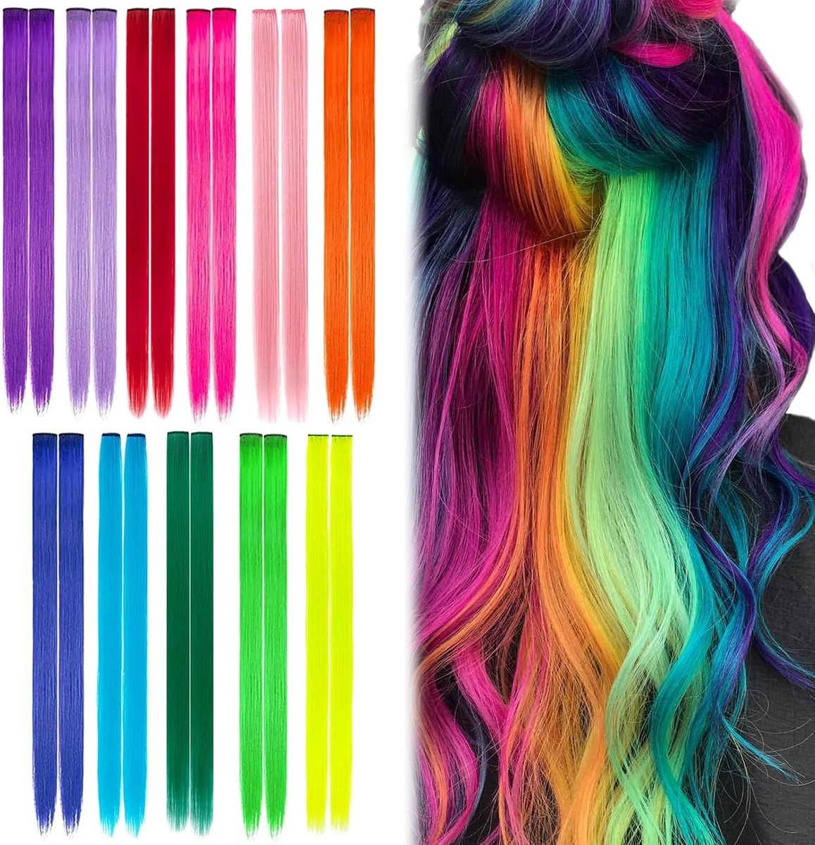 Clip-in Haar Extensions 50 cm - Rainbow Kleuren - 22 Stuks - Creëer een Feestelijke Look - ShopVlot