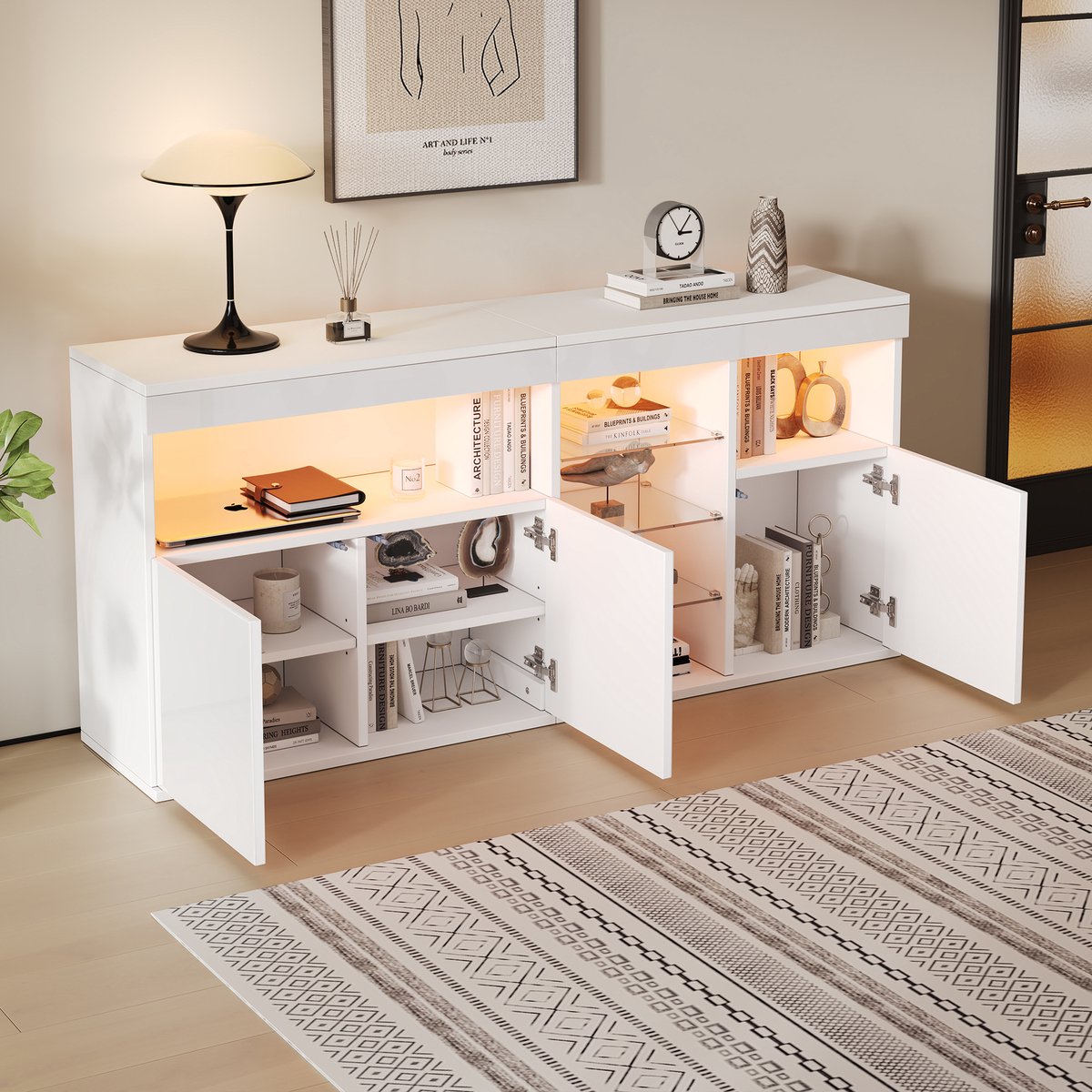 DESMIU Dressoir - Hoogglans Met LED Verlichting En Drie Deuren - Voor Woonkamer En Eetkamer - Spaanplaat En Glas - Wit - 155,5x35x72 Cm