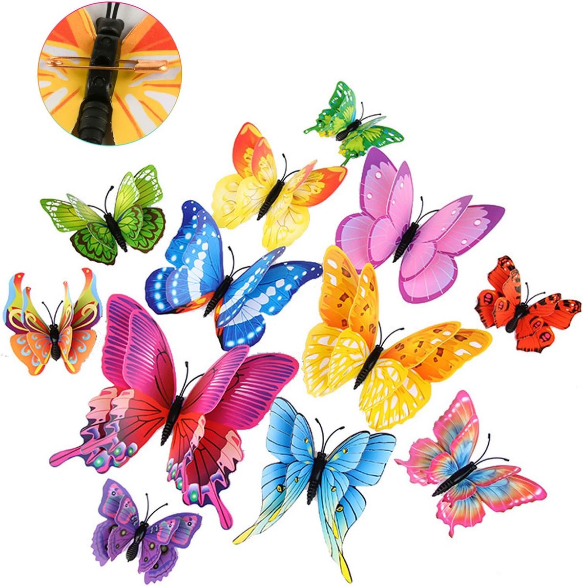 Boterfly decoratie 3D vleugels - 24 stuks gemengd - PVC en metalen speld - sfeervolle decoratie voor binnen en buiten - ShopVlot