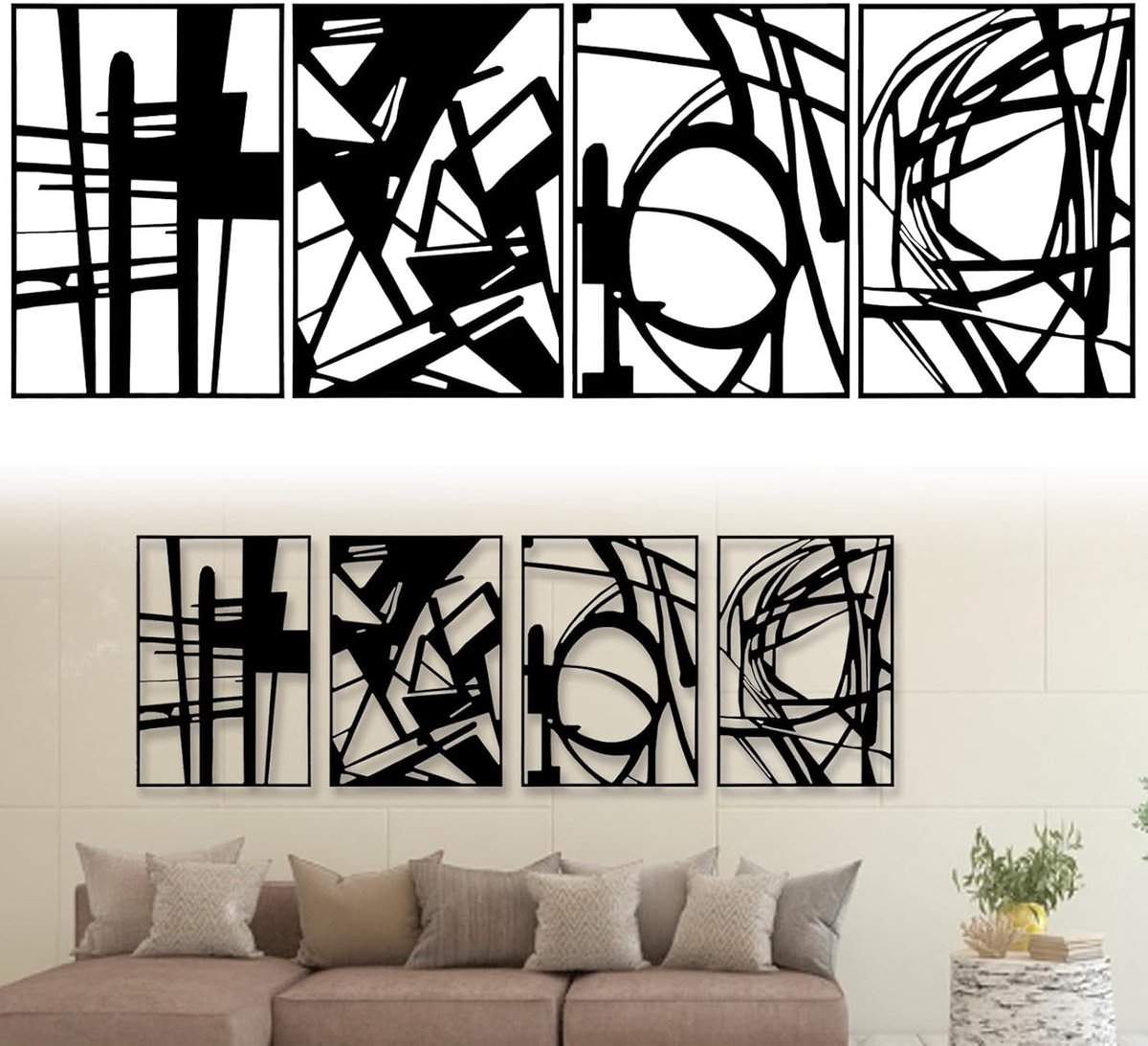Wanddecoratie 4 Stukken - Zwarte Metaal Abstracte Sculptuur - 3D Effect - Unieke Kunst voor Thuis - ShopVlot