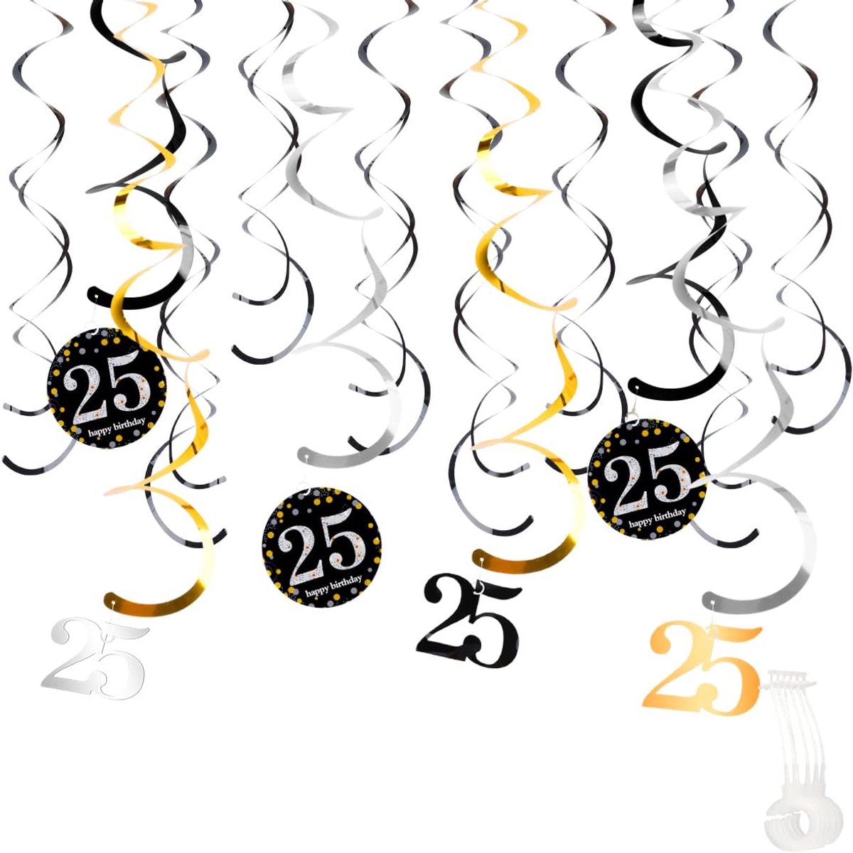 Hanging swirl decorations 25 jaar - 12 stuks - papier en folie - feestelijke versiering voor verjaardagsfeest - ShopVlot