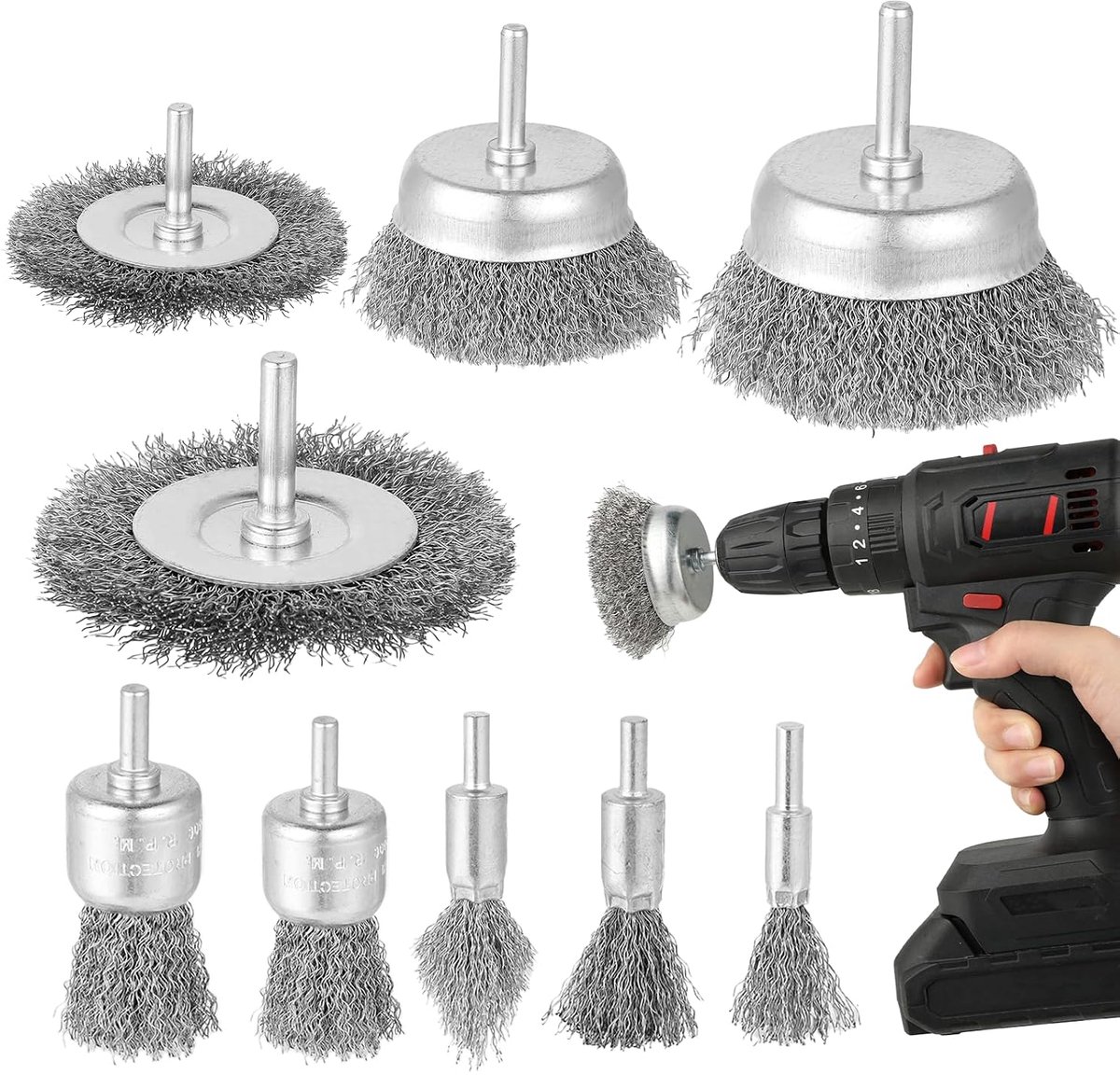 Draadborstelset 9-delig - 6 mm schacht - veelzijdige soorten - voor roestverwijdering - ShopVlot