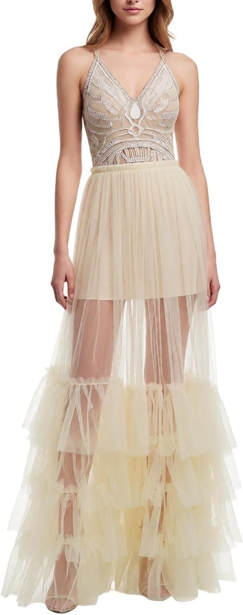 Women High Waist Sheer Mesh Ruffle Layered Maxi Skirt See Through Wedding Party Prom Beach Tulle Tutu Long Skirt - ShopVlot