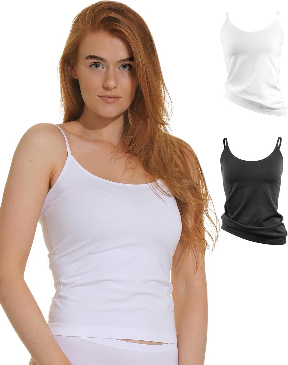 Yenita Set of 2 Women's Seamless Spaghetti Straps in Black, White or Skin, white / black, L - ShopVlot