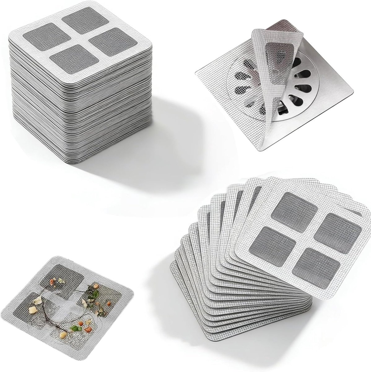 Wegwerp-haarzeef, zilverkleurig, 10 x 10 cm, haarfilter met sterke hechting, voor douche, bad en gootsteen, 100 stuks - ShopVlot