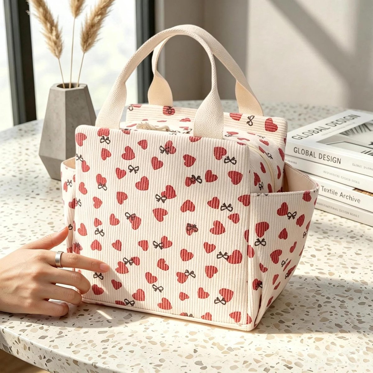 Lunch Bag 12L - Corduroy met hartjespatroon - Geïsoleerd - Ideaal voor school en kantoor - ShopVlot