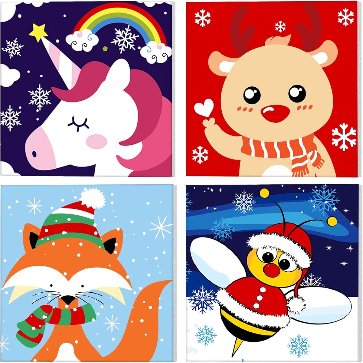 Schilderen op nummer 4-pack - Schattige dieren - Canvas kunst voor kinderen en volwassenen - Creatieve ontspanning - ShopVlot